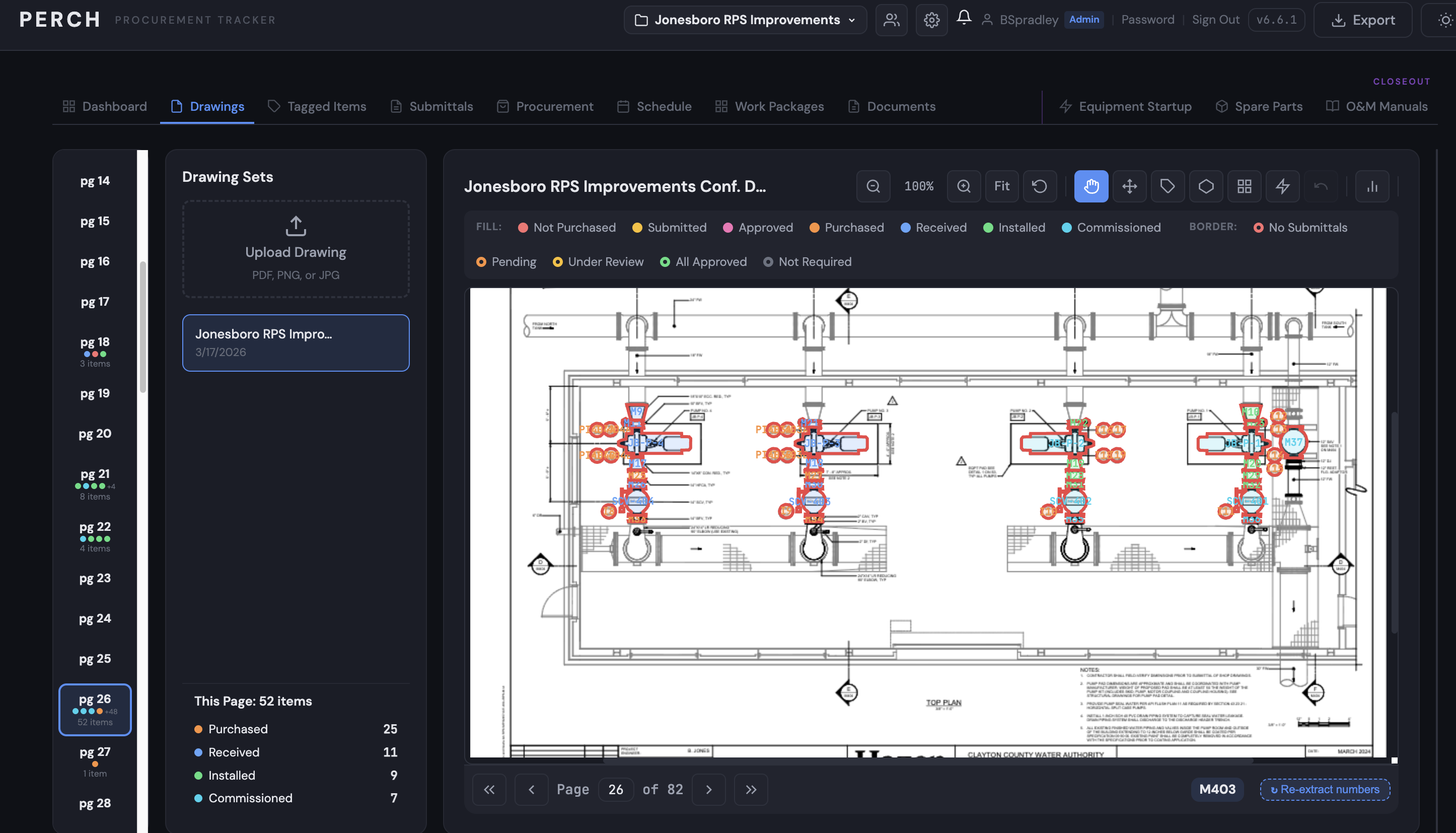 Perch drawing viewer with tagged equipment items and color-coded procurement status